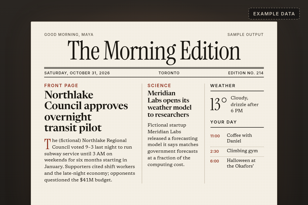 Example Morning Edition newspaper for Toronto, Saturday Oct 31: a front-page local story, weather, today's calendar and a long-read pick.